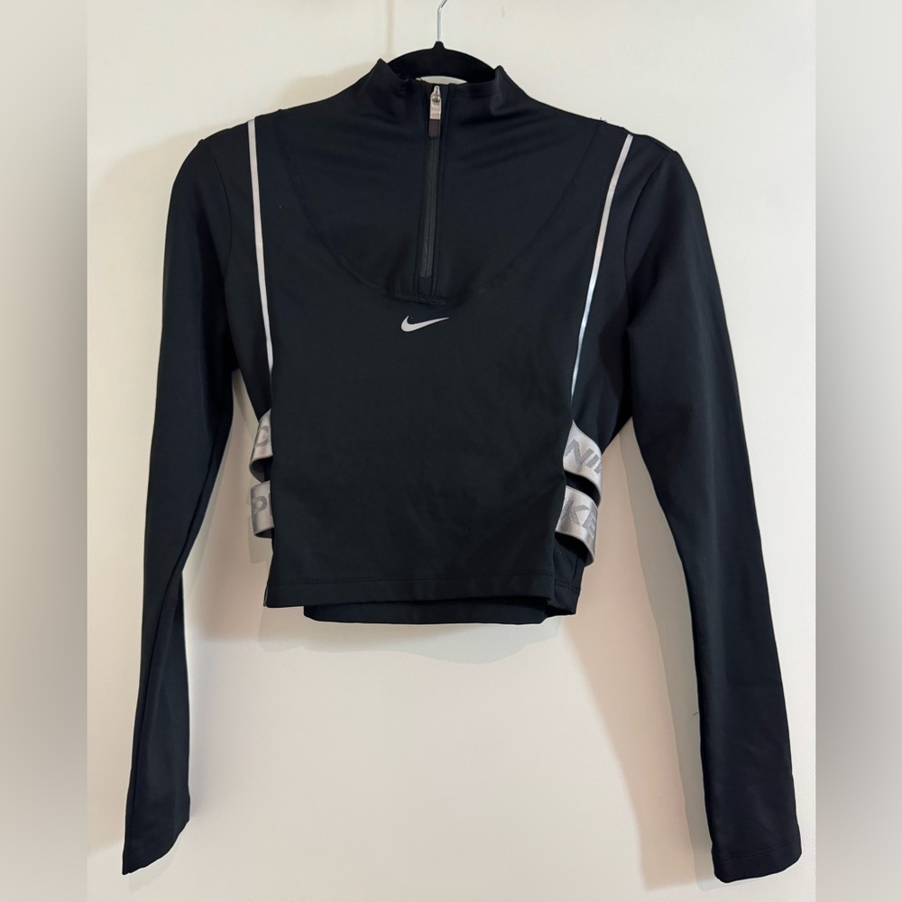 Nike Black Cropped Quarter-Zip Long-Sleeve Top with Silver Trim